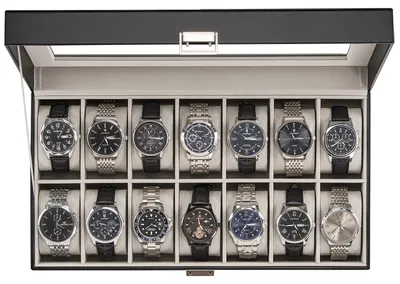 Produktbild von Uhrenbox, Uhrenaufbewahrungsbox mit Glasdeckel, Uhrenetui mit Uhrenkissen, Herren-Uhrenbox – 14 Fächer, schwarz