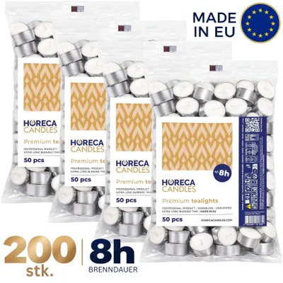 Produktbild von Horeca Candles Teelichter 200 Stück, Weiß – 8h Brenndauer, Ohne Duft – Paraffinwachs für Hochzeit, Deko, Feiern, Entspannen