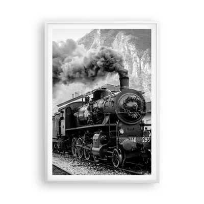 Produktbild von Gerahmtes Poster - Weißer Rahmen - Zug Schwarzweiß Rauch - 70x100 cm - Wand Bild - Wanddeko - Wandbilder - Kunstposter - Wandposter - Bilderrahmen - Bilder - Kunstdruck - Wandbild - P2WPA70x100-4315