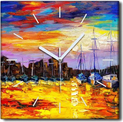 Produktbild von Coloray Uhr auf Leinwand 30x30 cm Wand Uhr Dekoration Wohnzimmer Segeltuch weiße Zeiger -Boots-Sonnenuntergang
