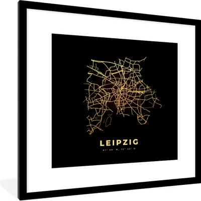 Produktbild von MuchoWow® Gerahmtes Poster Karte - Leipzig - Gold - Stadtplan 40x40 cm - Poster mit Schwarzem Bilderrahmen Wandposter Rahmen Foto Bilder - Poster - Plakat im Rahmen