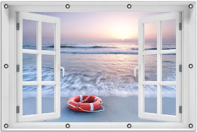 Produktbild von Wallario Outdoor-Poster für Garten oder Balkon 80 x 120 cm: Rettungsring am Strand bei Sonnenuntergang