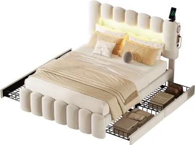 Produktbild von okwish 140 x 200 Polsterbett, Polsterbett mit 4 Schubladen, Polsterbett mit USB und Stereo-LED-Lichtleiste, Beige