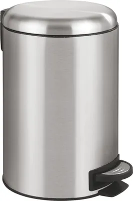 A stainless steel pedal bin with a black pedal.