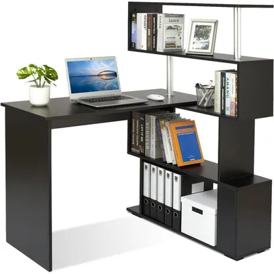 Obrázek produktu pro L-tvarový počítačový stůl s otočnou knihovnou o 360 stupňů, rozměry 157 x 45 x 130,5 cm, barva černá