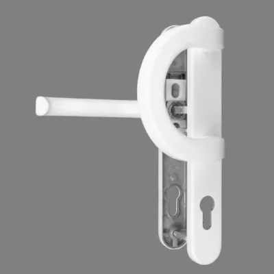 A white door handle set with a metal mechanism, shown against a gray background.