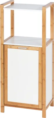 A freestanding storage unit with shelves and a cabinet, made of bamboo and white material.