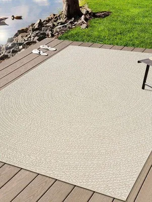 Produktbild von Unyqoos® Outdoorteppich im Jute-Look – Creme, rund-geflechtetes Design, wetter- & UV-beständig, robust, 200 x 290 cm – für Terrasse & Balkon