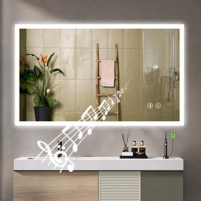Produktbild von YOLEO Badspiegel mit Beleuchtung, LED-Spiegel mit Bluetooth-Lautsprecher, Wandspiegel mit Steckdose,  Anti-Beschlag mit Touch-Schalter, 3 Lichtfarben