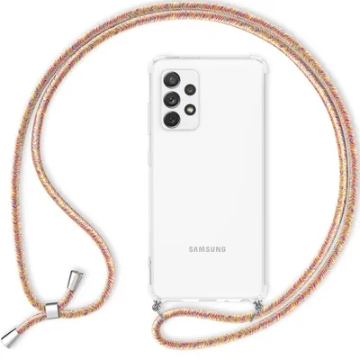Produktbild von NALIA Handyhülle mit Kette für Samsung Galaxy A53, Transparente Schutzhülle & Handy-Schnur zum Umhängen, Robust Vergilbungsfrei Klar, Hardcase & Silikon Rahmen Regenbogen