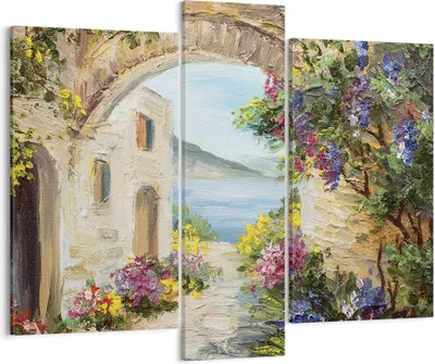 Produktbild von Bild auf Leinwand - Leinwandbild - 3 Teile - Haus Santorini Blumen - 95x80cm - Wand Bild - Wanddeko - Wandbilder - Leinwanddruck - Bilder - Wanddekoration - Leinwand bilder - Wandbild - CB95x80-4191