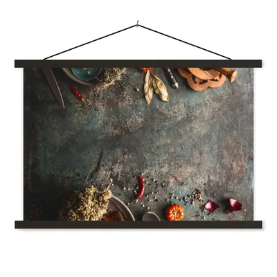 Produktbild von MuchoWow® Textilposter Marmor - Gemüse - Herbst - Kürbis - Rustikal - Kräuter 90x60 cm mit schwarzem Rahmen - Aufhängungssatz