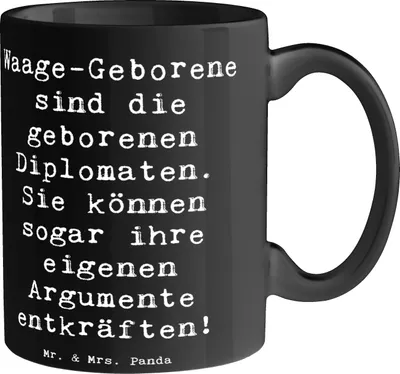 Produktbild von Mr. & Mrs. Panda Becher Spruch Diplomatische Waage - Schwarz - Geschenk, Diplomatie, Teetasse, Geschenke Astrologie, Kaffeetasse, Tasse, Gerechtigkeit, Tierkreiszeichen