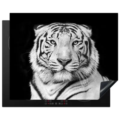 Produktbild von KitchenYeah© Herdabdeckplatte Tiger - Schwarz - Weiß - Porträt - Tiere , 65x52cm, Küche Deko, Glaskeramikkochfeld Herdabdeckung, Abdeckplatte fùr Kochfeld