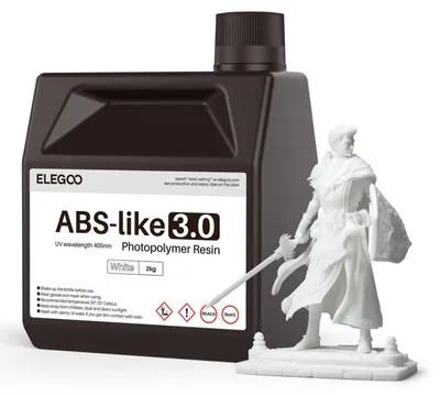 Image de Résine ELEGOO ABS-Like 3.0 pour imprimante 3D, blanche, 2000g. Résine de 405nm pour imprimantes 3D MSLA/LCD/DLP, durcissable aux UV, avec une haute résistance à la traction et à la flexion. – Blanc