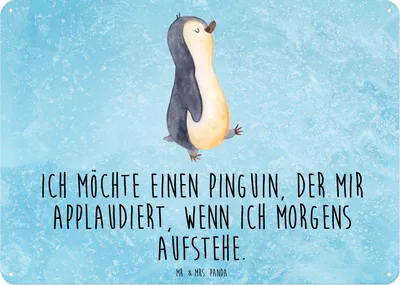 Produktbild von Mr. & Mrs. Panda Blechtafel Pinguin marschieren DIN A6 - Eisblau - Geschenk, Schild, Aufstehen, Türschild, Magnetschild, Spazieren, Wandbild, Familie, Blechschild, tafel