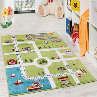 Kinderteppich Spielteppich Straßenteppich Stadt Straße Grau Grün Grösse 80x150 cm