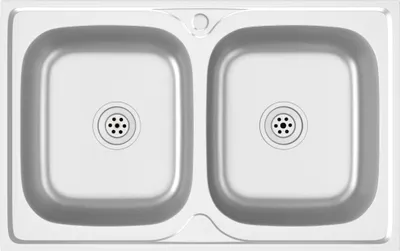 A top-down view of a double-basin stainless steel sink on a white background.