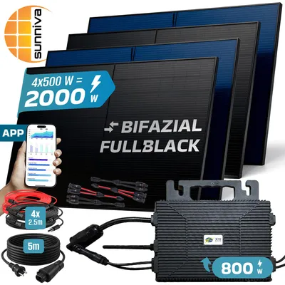 Produktbild von SUNNIVA® 2000W Balkonkraftwerk BIFAZIAL FULLBLACK komplett Steckdose ASTRO-E 800W Wechselrichter, PV Solaranlage, 5m Kabel, Bluetooth WIFI