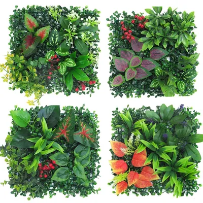 Produktbild von Pflanzenwand für den Außenbereich, 4 künstliche Pflanzenwandelemente, 25 x 25 cm, künstliche Pflanzendekoration für Wand, Balkon und Garten (Hybrid 07)
