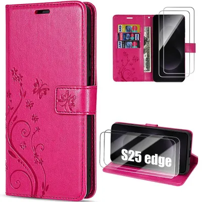 Image de Coque + 2 Verres Trempés pour Samsung Galaxy S25 Edge, Protection Rabat Synthécuir Motif Papillon Fleur Fuchsia
