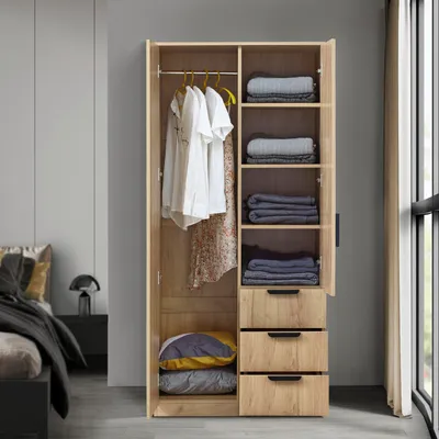 Image de Armoire 'Eiselfing' 176 x 80 x 52 cm avec 2 portes, 1 tringle, 4 compartiments, 3 tiroirs imitation chêne