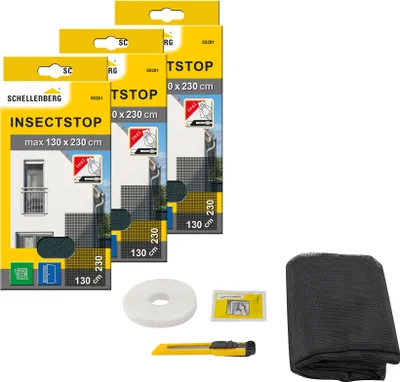 Produktbild von Schellenberg 3er Pack 50281 Fliegengitter für bodentiefe Fenster oder Türen, extragroßes Insektenschutz ohne bohren, 130 x 230 cm, anthrazit