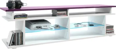 Produktbild von Vladon TV Board Movie V3 Game On 138,5 x 39 x 37,5 cm inkl. LED-Beleuchtung Weiß, Korpus in Weiß matt, Game Aufsatz in Brombeer Hochglanz