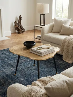 Draufsicht auf den runden Design-Couchtisch aus goldenem Aluminium, der mit Teekanne und Vase dekoriert ist und die organische Form der Tischplatte zeigt._#sku_SAFWL6.673#
