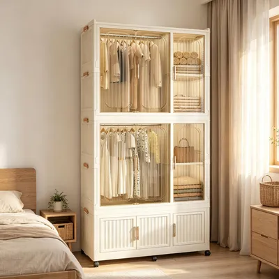 Immagine prodotto di Armadio in plastica STILVORA con 9 ante magnetiche, armadio modulare con 2 aste appendiabiti, armadio pieghevole con 6 ruote bloccabili e 6 grucce