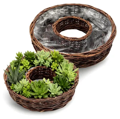 Produktbild von Rattan Pflanzring Natur mit Folie 2er Set - 40 cm + 30 cm - Blumenschale zum direkten Bepflanzen
