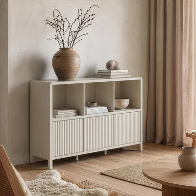 Imagen del producto de Mueble aparador "Lukkodso" con 3 puertas y 6 compartimentos, de 77 x 110 x 30 cm, color beige