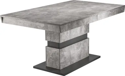 Produktbild von byLIVING Esstisch Matthew, 140-195x90 cm, Tischplatte und Säule Melamin Light Atelier mit Applikation in dunkelgrau, Bodenplatte Melamin dunkelgrau
