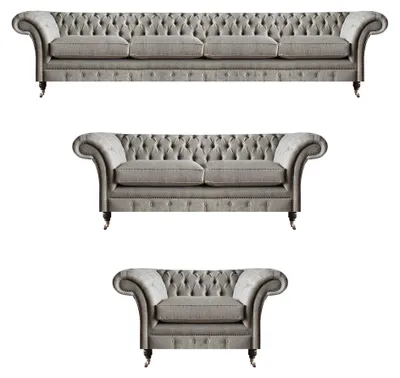 Zdjęcie produktu dla Zestaw sof Chesterfield z jasnoszarej tkaniny do salonu meble tapicerowane