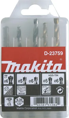 Produktbild von Makita D-23759, Bohrerbit-Set, Drehung der rechten Hand, Mauerziegel, Metall, Holz, Titanbeschichteter Hochgeschwindigkeitsstahl (HSS-TiN), 5 Stück(e)