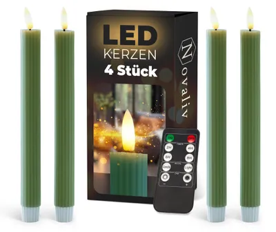 Produktbild von Stabkerzen LED mit Timer Grün 4 Stück Grün indoor - 6 Stunden - ECHTWACHS gerippt 23cm Höhe für Kerzen 2,2cm Durchmesser 2 AAA Batterien notwendig LED Stabkerzen flackernde Flamme bewegliche Flamme