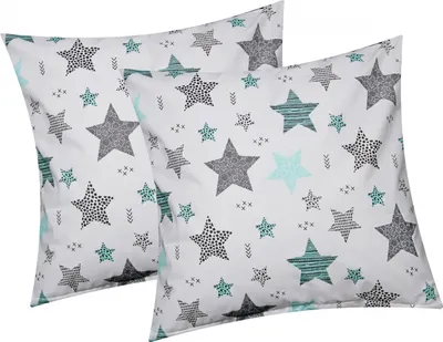 Produktbild von Baumwoll Renforcé Kissenbezug - 2er Set in 40x40cm - Sterne mit Kreisen und Punkten in Weiß - Kopfkissen-Bezug, Kissenhülle, Dekokissenbezug aus 100% Baumwolle (560/1-40x40)