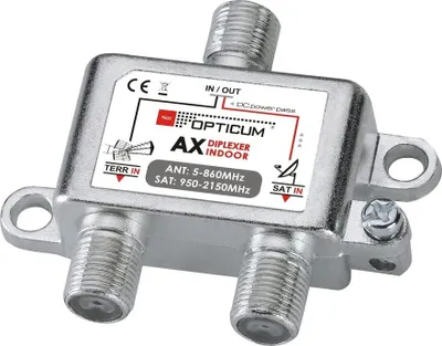 A silver diplexer device with labels and connectors, isolated on a white background.
