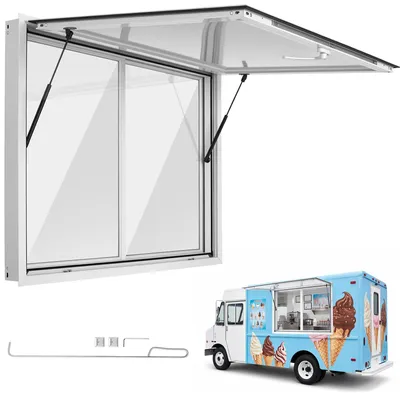 Image de VEVOR : Fenêtre depour food trucks, dimensions 1220 x 915 mm, en alliage d'aluminium. Fenêtre depour camions de restauration, inclinable jusqu'à 85°, équipée de 2 vitres coulissantes en acrylique, trappe de crochet de remorquage, protection contre la pluie