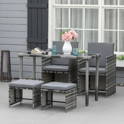 Image de Ensemble de salon Outsunny en polyrotin pour 4 personnes – Ensemble de salle à manger et de jardin avec coussins, résistant aux intempéries et élégant, pour le jardin et la terrasse, gris