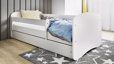 Obrázek produktu pro Dětská postel 160x80 s matrací, ochranou proti vypadnutí, lamelovým roštem a zásuvkou v bílé barvě 80 x 160 dívčí chlapecká postel Skandi