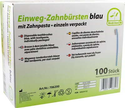 Produktbild von Medi-Inn Einmalzahnbürsten mit Zahnpasta blau einzeln verpackt (10 x 100 = 1000 Stück)
