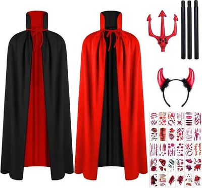 Productafbeelding van Cape met Kap 150 cm - Dubbelzijdig Rood/Zwart - Vampier Tanden - Perfect voor Halloween - m-winkel