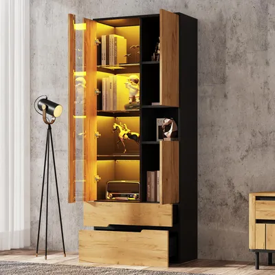 Produktbild von MODFU Vitrinenschrank mit LED, Wohnzimmerschrank mit 3 Glastüren & 2 Schubladen, Aufbewahrungsschrank mit Stauraum, Holz-Schwarz, 70×35×180 cm