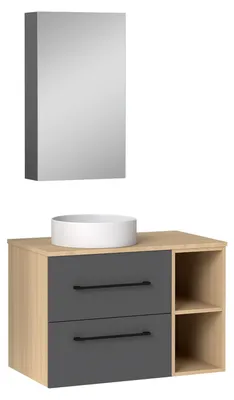 Image de Acezanble Ensemble meuble salle de bain, Meuble 2 Tiroirs, Vasque et Miroir de Rangement, 79cm