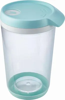 A clear studio shot of a transparent storage container with an aquamarine lid and base.