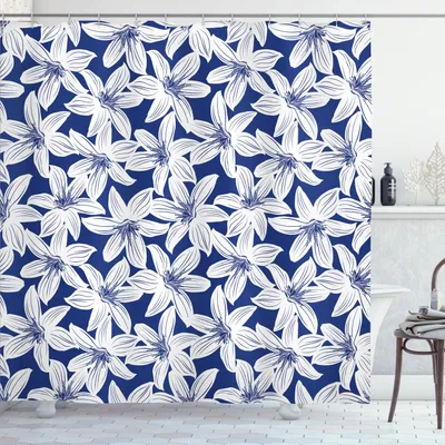 Obrázek produktu pro ABAKUHAUS Námořnická sprchová záclona, tropický ibišek, havajské květiny, exotický opakující se vzor, 175 x 220 cm, bílá tmavě modrá