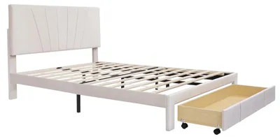 Immagine prodotto di Letto imbottito - Letto matrimoniale 140 x 200 cm - Ampio cassetto - Struttura a listelli - Rivestimento in velluto - Beige