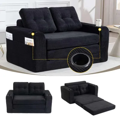 Produktbild von AIORBER Zweisitzer Sofa Cord Sitzsack Sofa modulares Bodensofa ohne Rahmen mit Getränkehaltern Seitentaschen gepolstert weich Schwarz