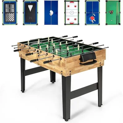 Productafbeelding van 10-in-1 multifunctionele speeltafel, multifunctionele tafel met tafelvoetbal, hockey, biljart, shuffleboard, bowling en 4 bordspellen, combinatiehouten speeltafel voor de speelkamer, tafelvoetbal voor kinderen
